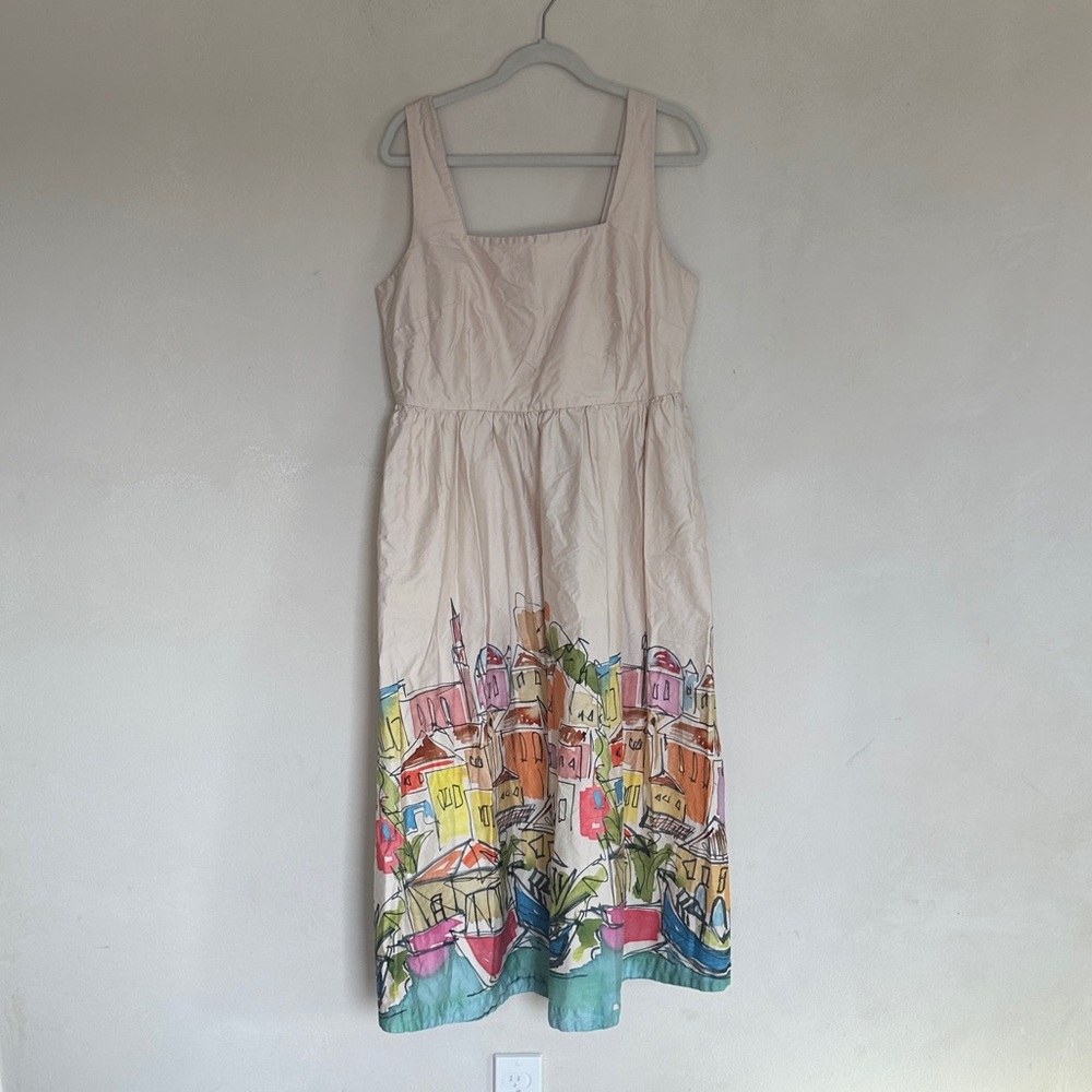 Boden Cream Midi Dress with Colorful Coastal Village Print US SIZE 14
